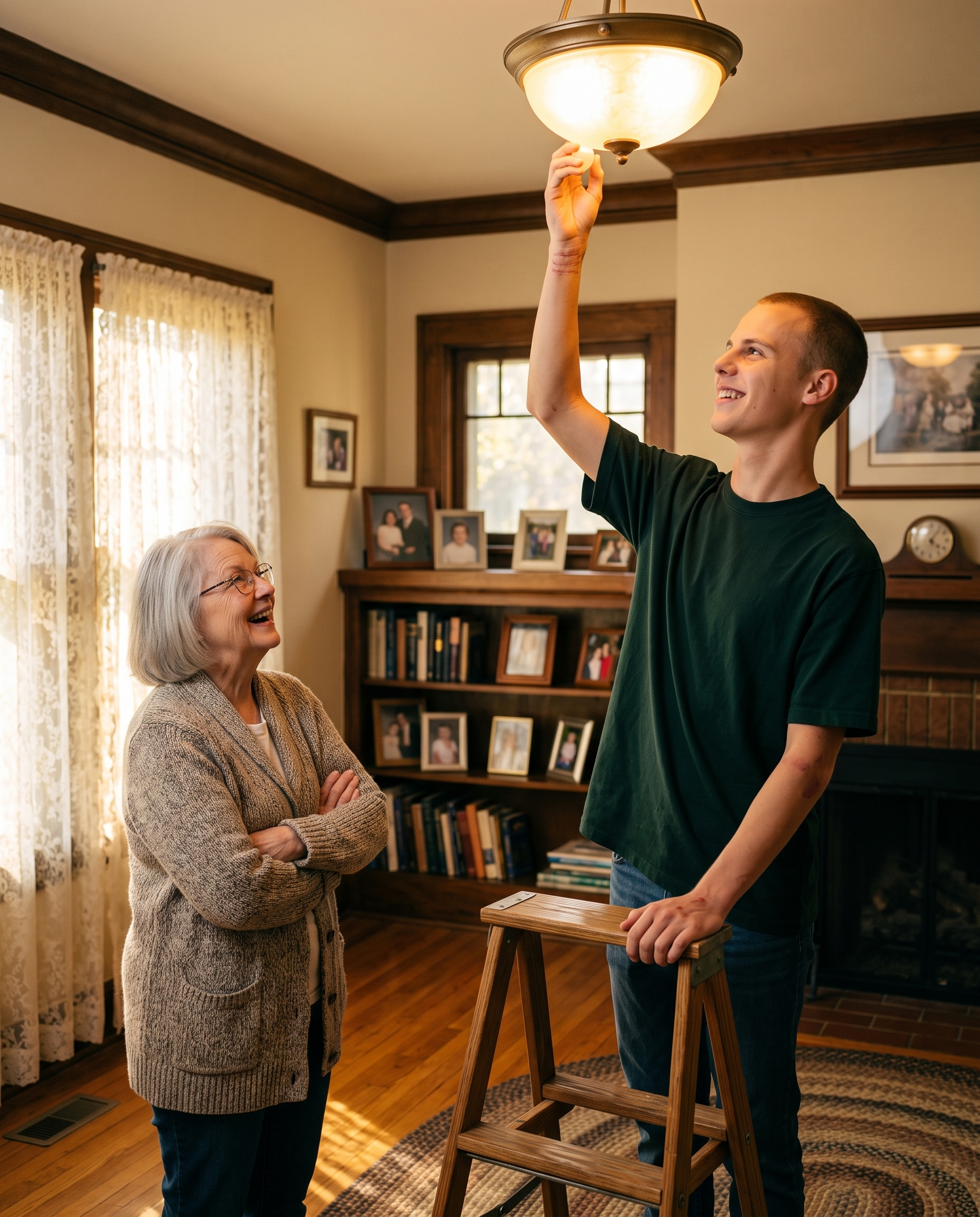 Tim on a step ladder changing a high light bulb while a client looks on