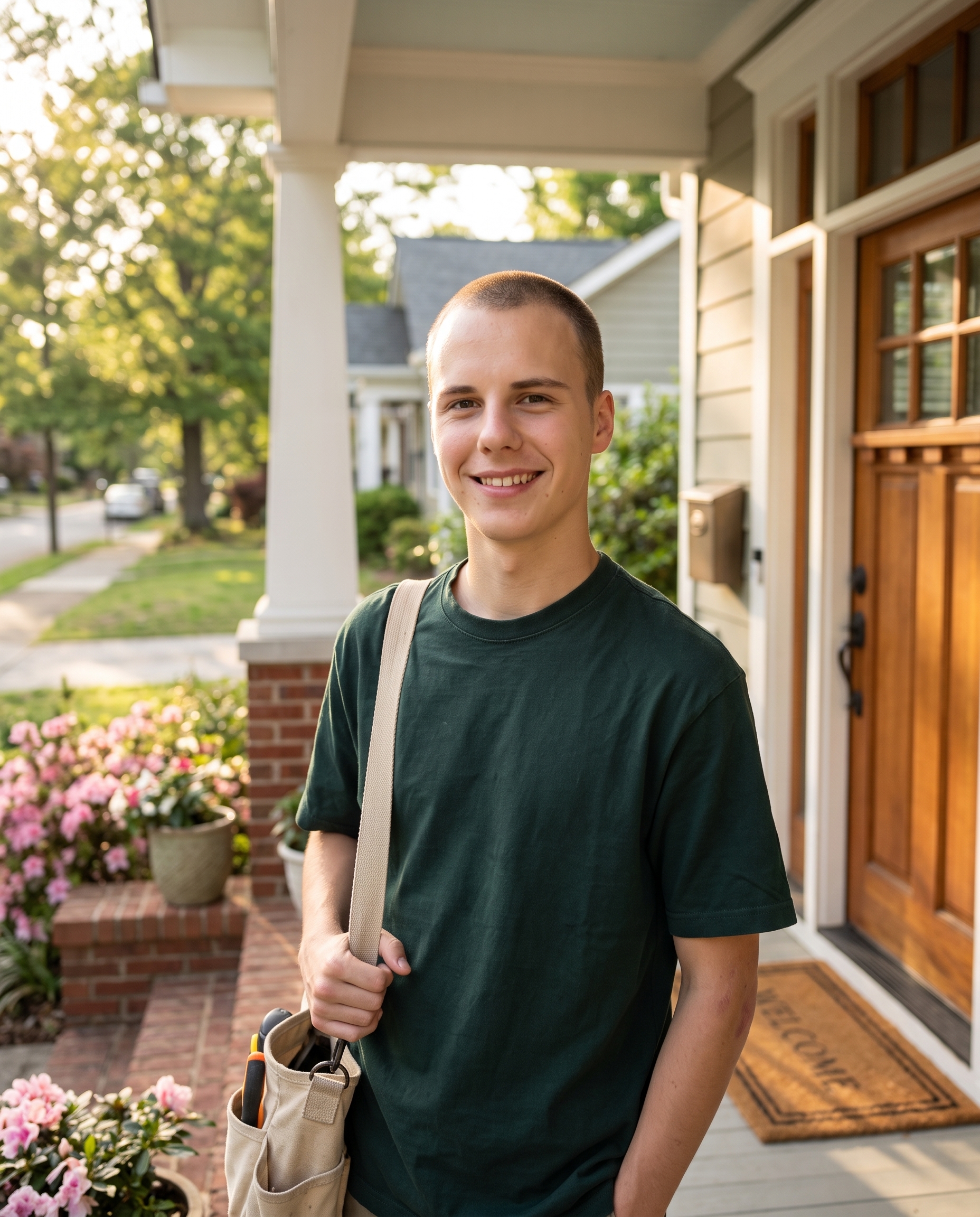 Tim Bradley on a front porch with his tool bag
